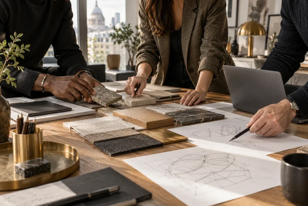 Illustrative studio scene of collaborators reviewing materials and a project brief