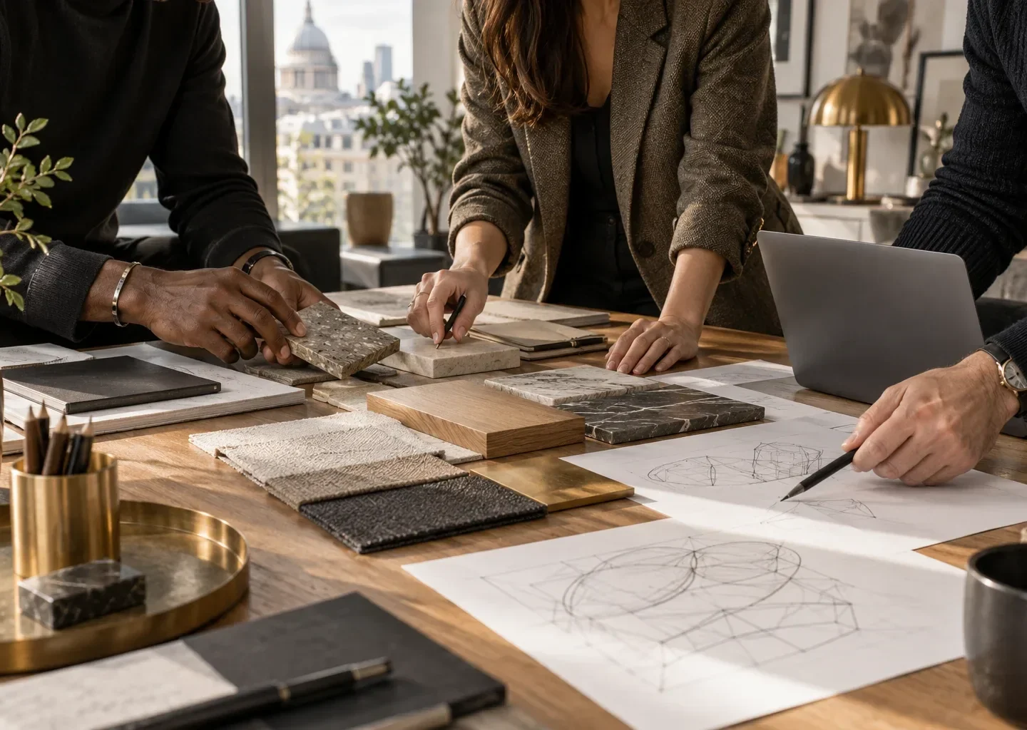 Illustrative studio scene of collaborators reviewing materials and a project brief