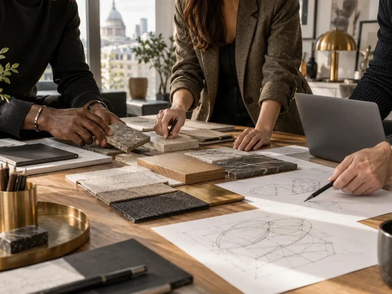 Illustrative studio scene of collaborators reviewing materials and a project brief