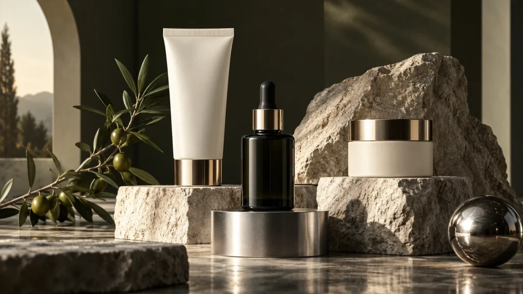 Ivory skincare packaging and a dark bottle arranged on sculptural plinths