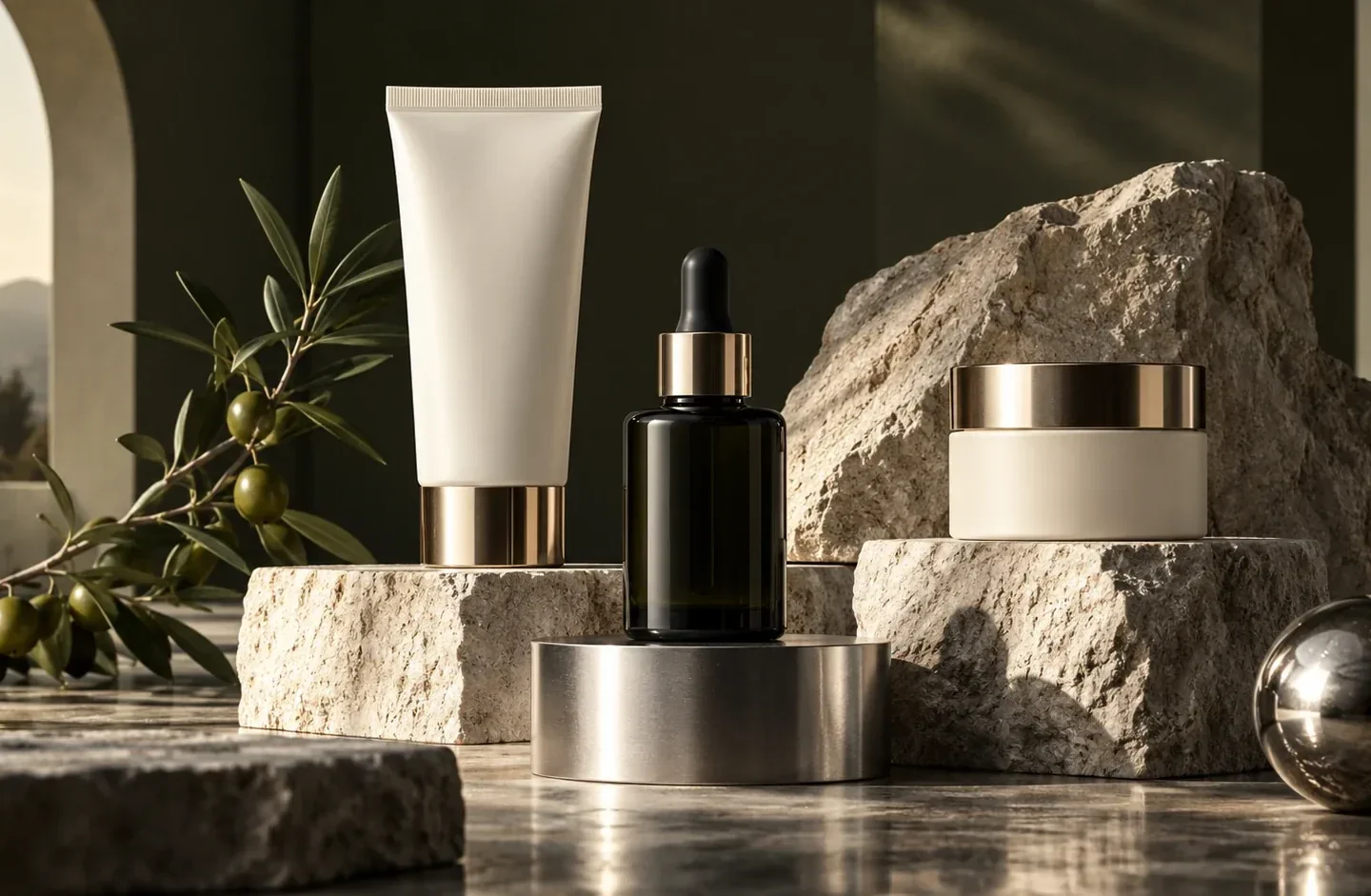 Ivory skincare packaging and a dark bottle arranged on sculptural plinths