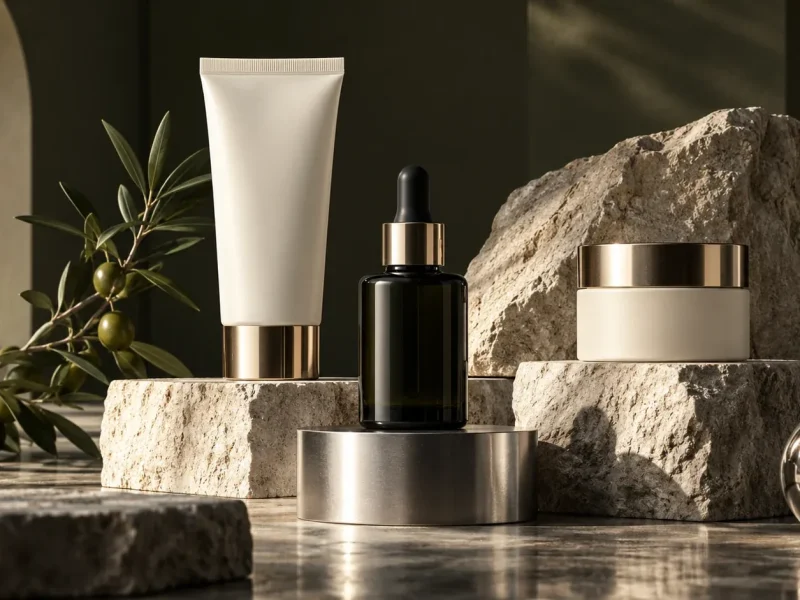 Ivory skincare packaging and a dark bottle arranged on sculptural plinths