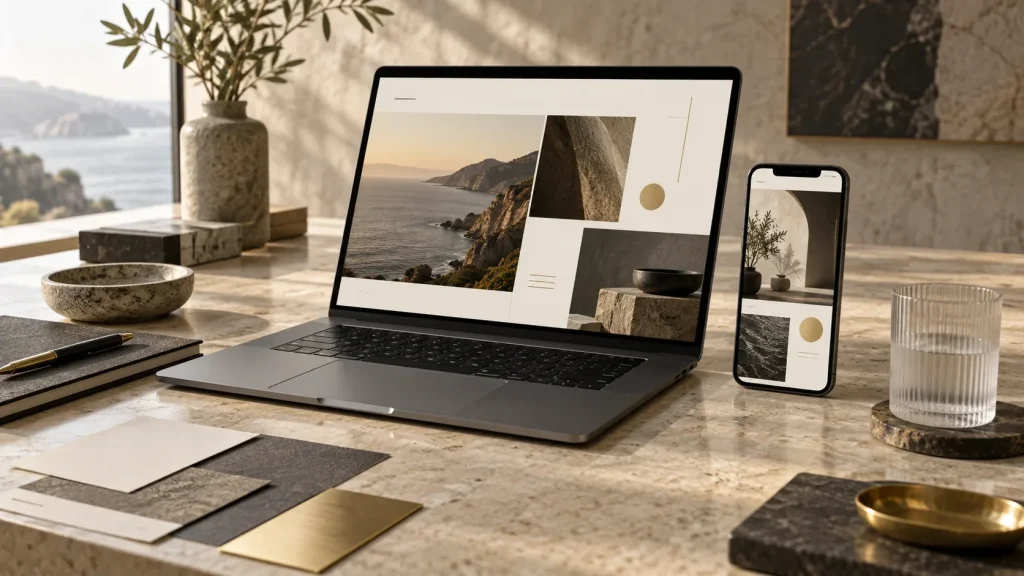 Laptop and smartphone displaying complementary editorial website concepts