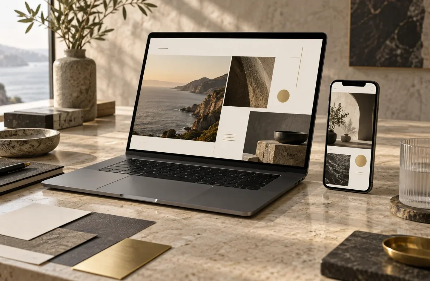 Laptop and smartphone displaying complementary editorial website concepts