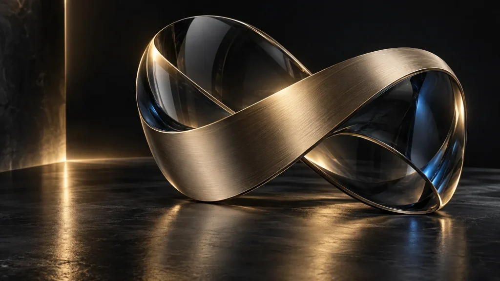 Folded brushed-metal and smoked-glass sculpture in a dark studio