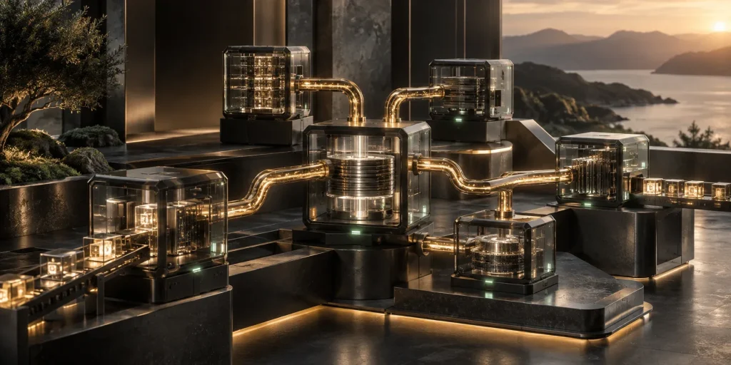 Brass pathways connecting smoked-glass processing modules