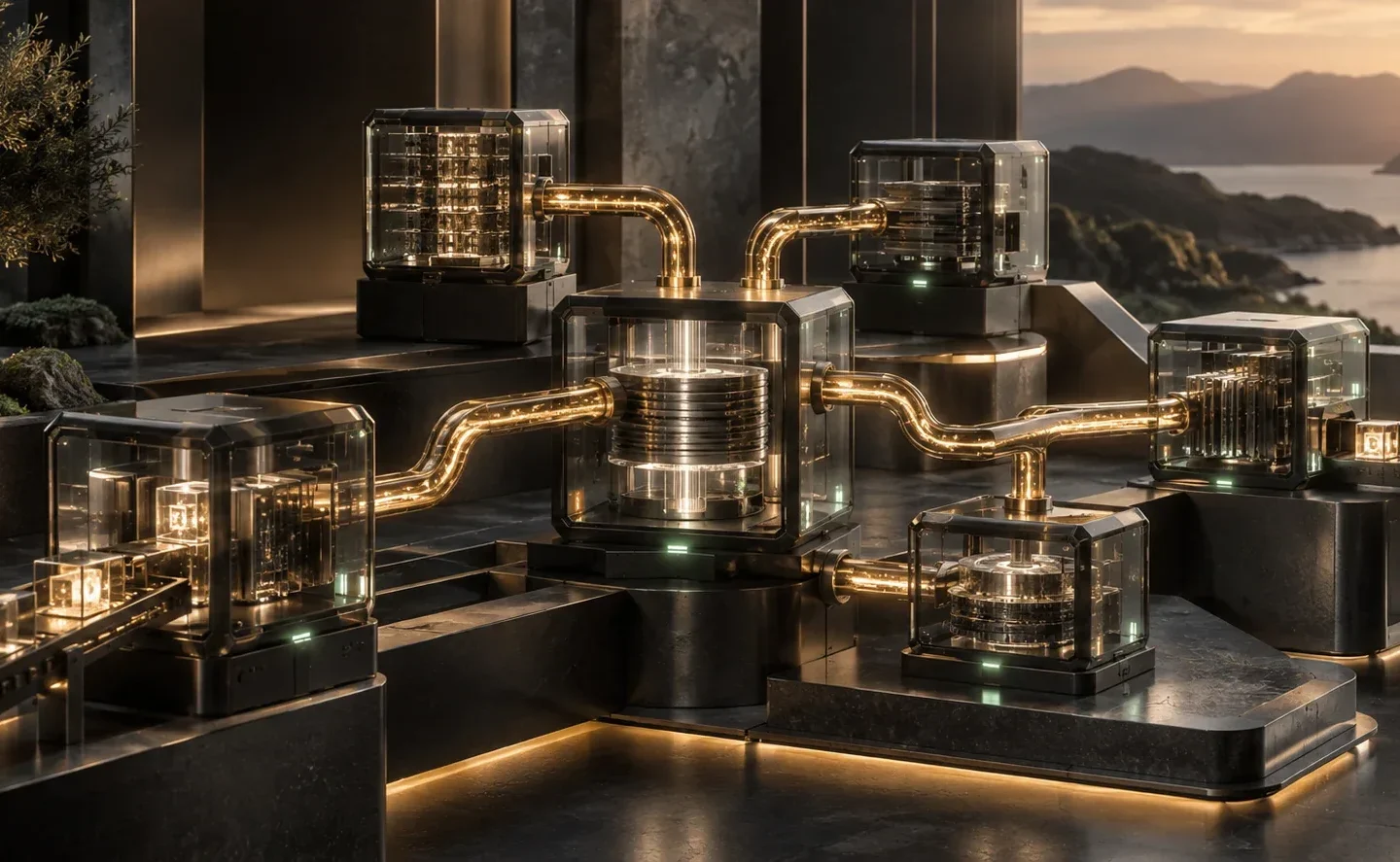 Brass pathways connecting smoked-glass processing modules