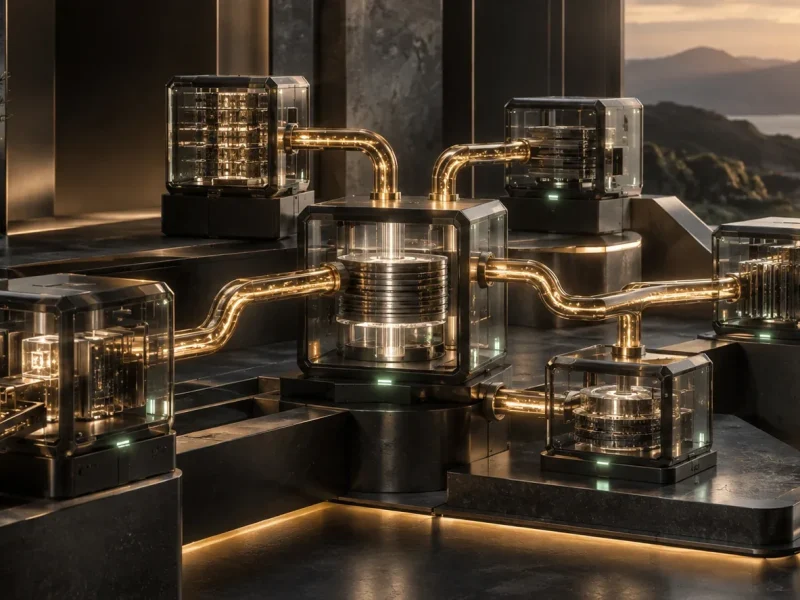 Brass pathways connecting smoked-glass processing modules