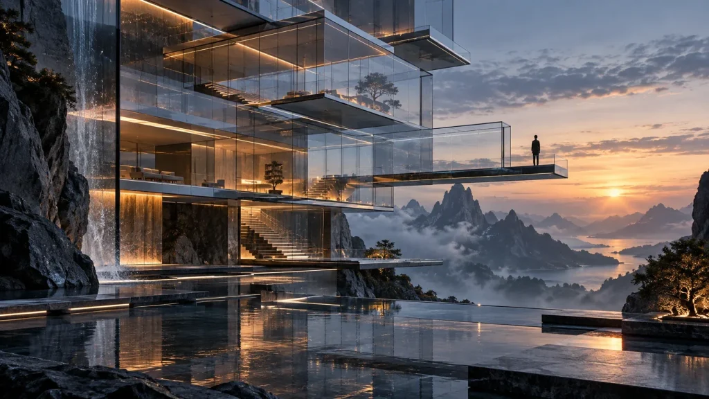 Conceptual glass architecture overlooking mountains at sunset