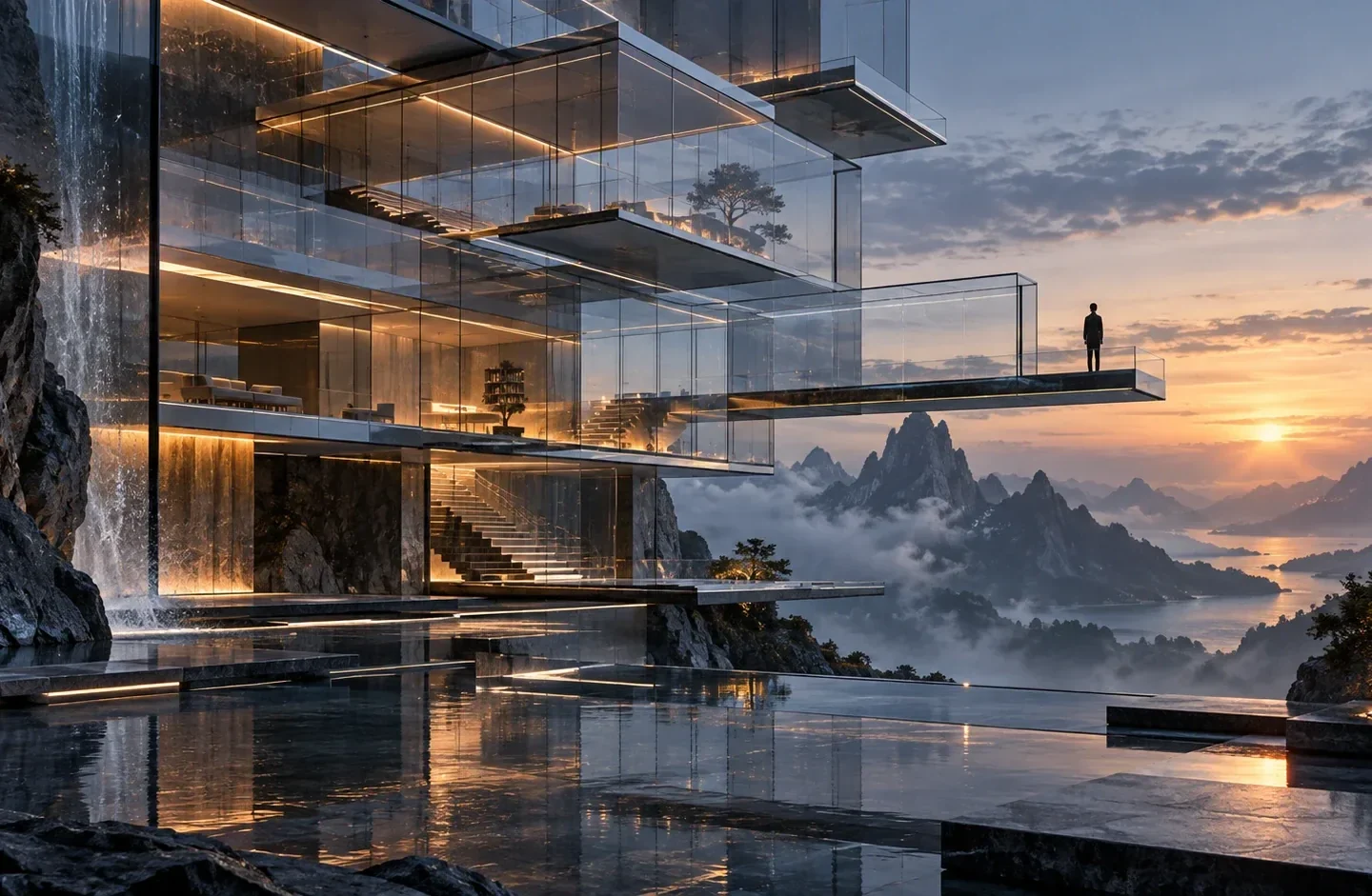 Conceptual glass architecture overlooking mountains at sunset