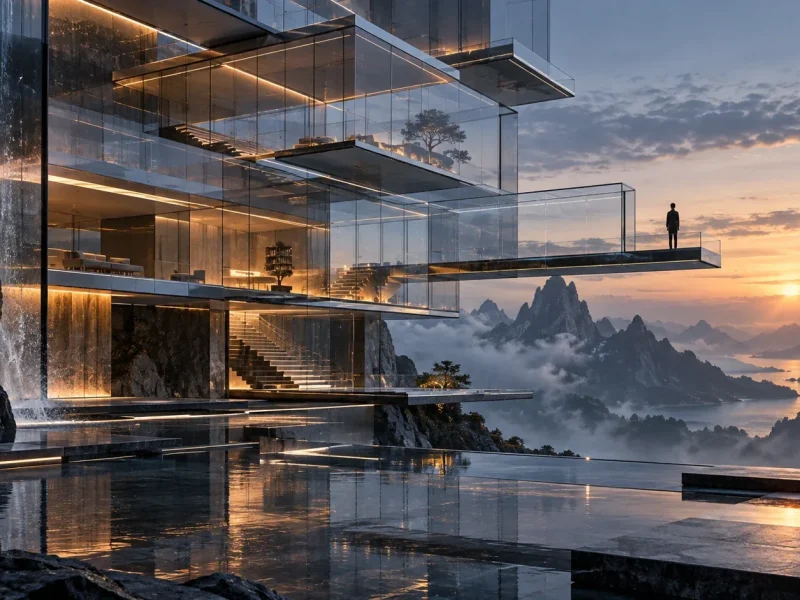 Conceptual glass architecture overlooking mountains at sunset
